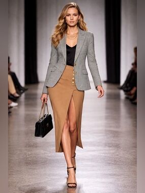 Zara Camel Midi Pencil Skirt with High Front Slit and Gold Buttons